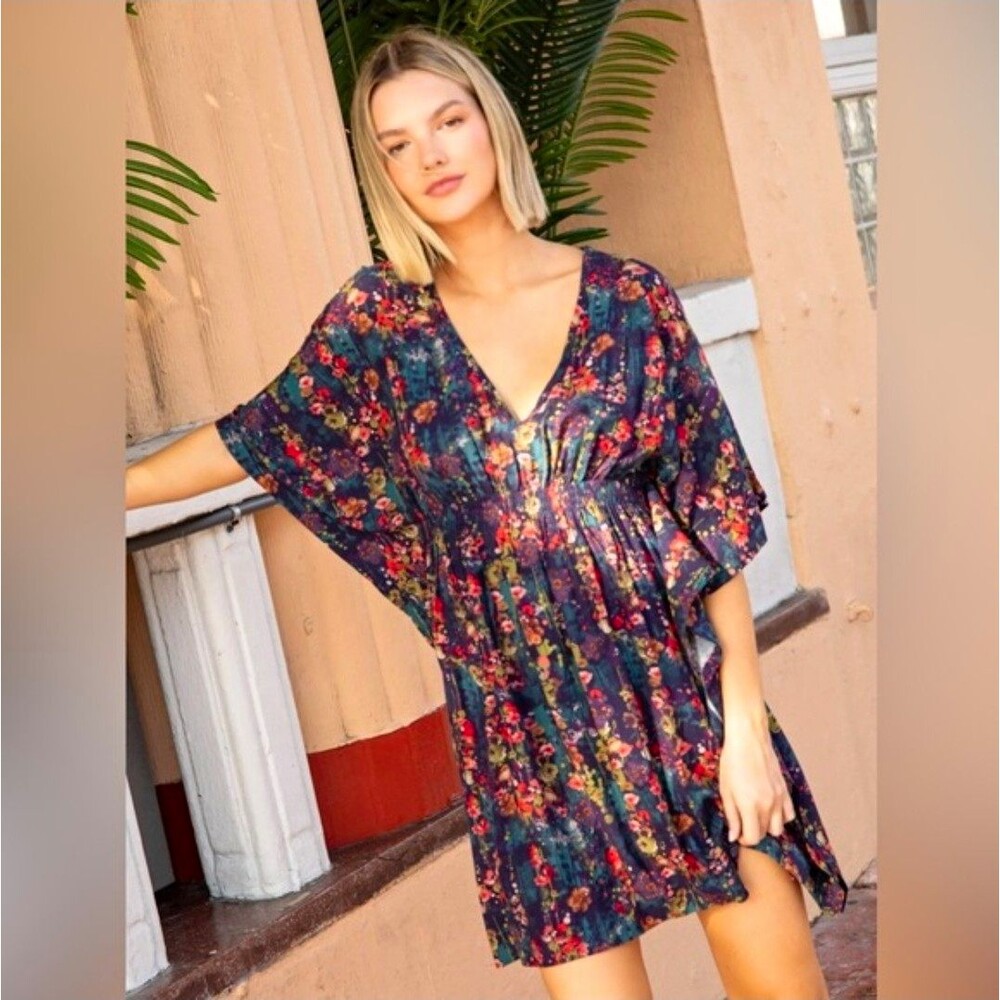 Natural Life Floral V Neck Sanibel Kaftan Mini Dress SMALL Oversized Flutter